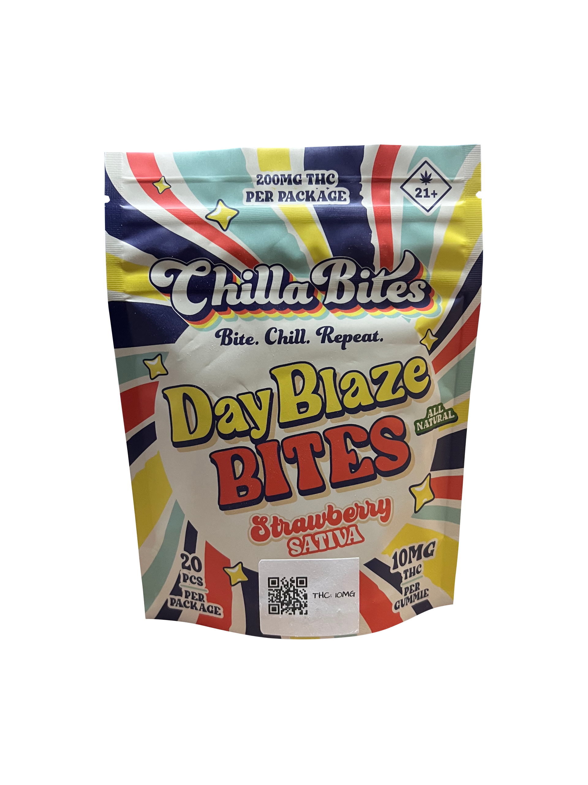 Colorful packaging of Chilla Bites Day Blaze Bites on a white background