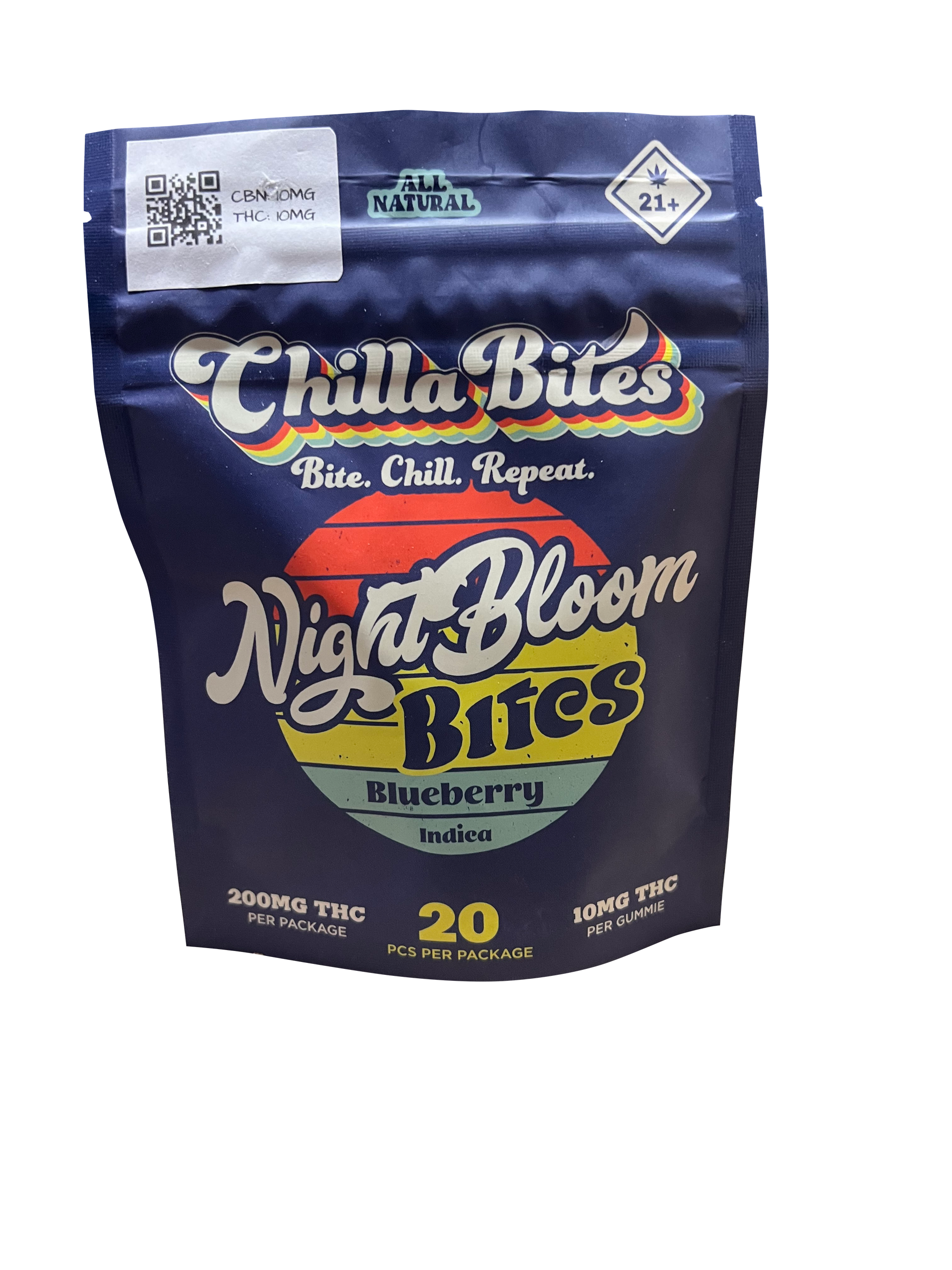 Chilla Bites Night Bloom Bites packaging with blue and yellow design on a white background