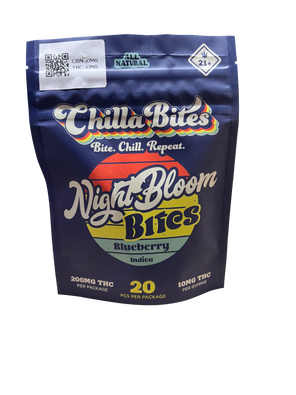 Chilla Bites Night Bloom Bites packaging with blue and yellow design on a white background
